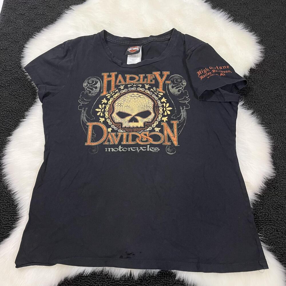 Harley Davidson Shirt Womens Medium Black Skull Biker Vintage New Port Richey FL